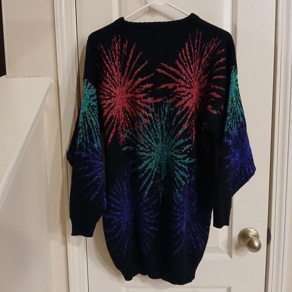 Vintage 80s black with pink purple & teal metallic firework print sweater 20w - Picture 3 of 5
